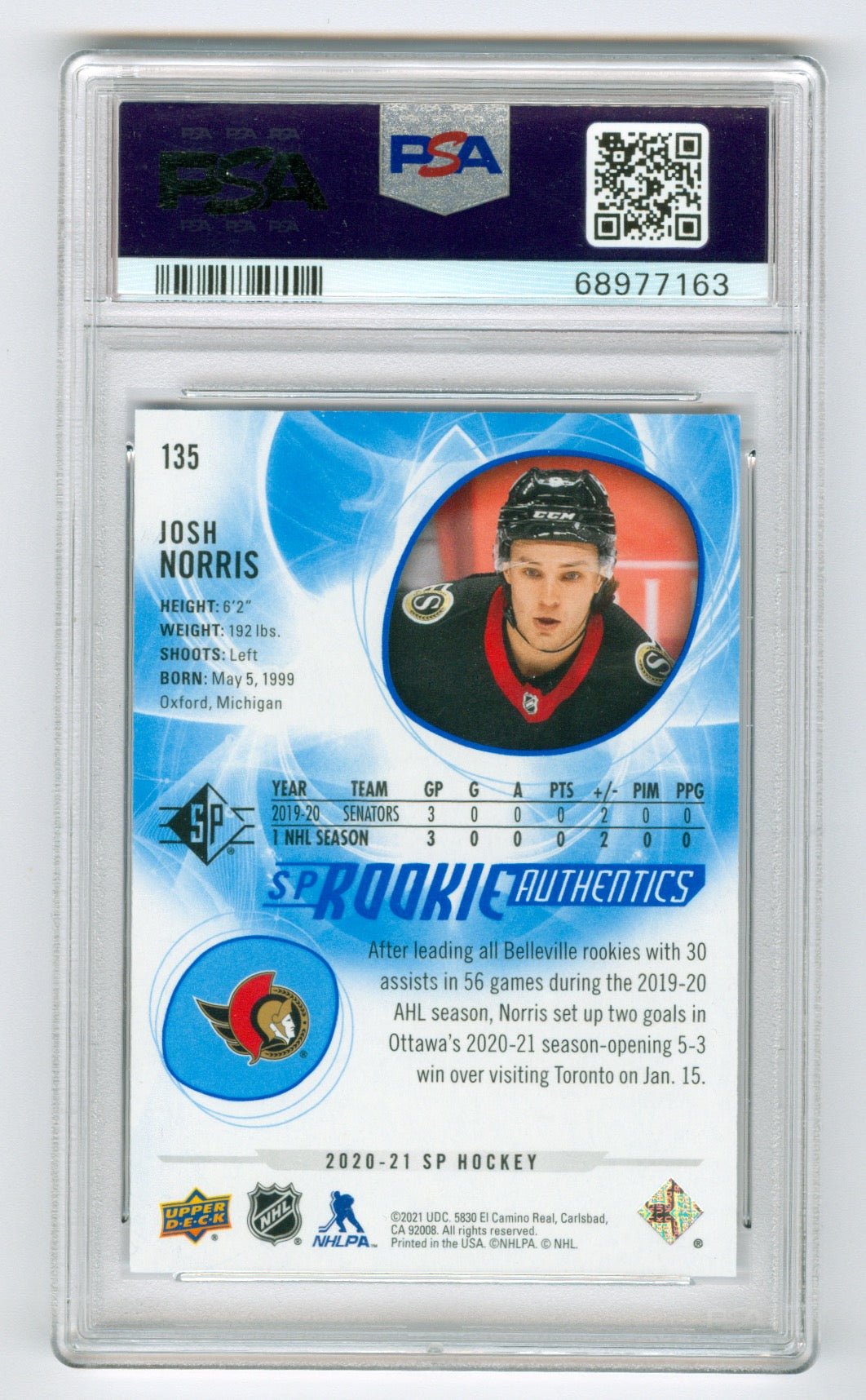 2020-21 SP Blue #135 Josh Norris PSA 10 (Rookie)