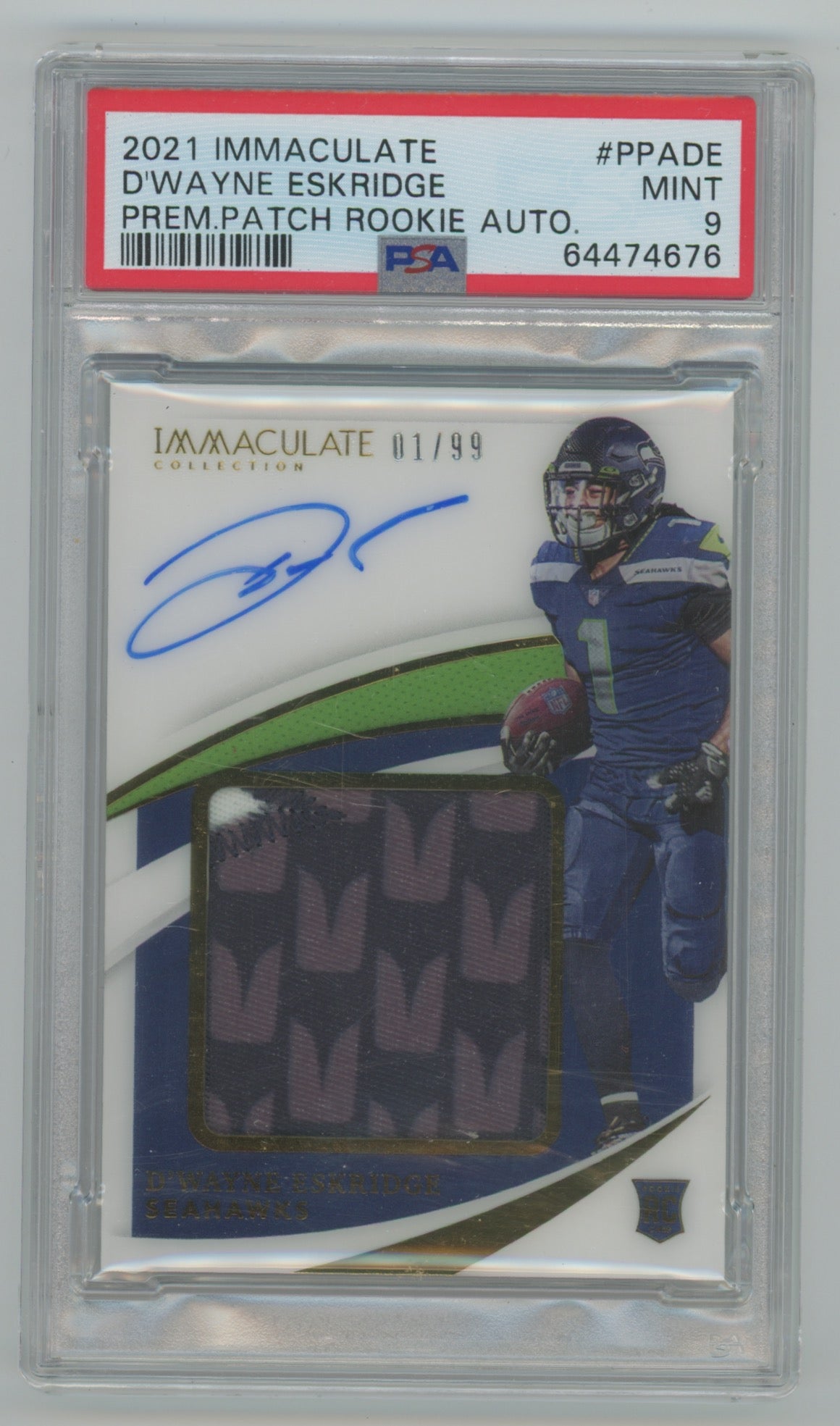2021 Panini Immaculate Premium Patch Rookie Autograph #PPADE D'Wayne Eskridge #01/99 PSA 9 (Rookie)