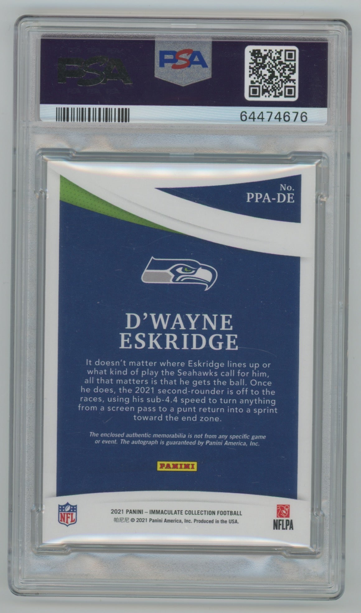 2021 Panini Immaculate Premium Patch Rookie Autograph #PPADE D'Wayne Eskridge #01/99 PSA 9 (Rookie)