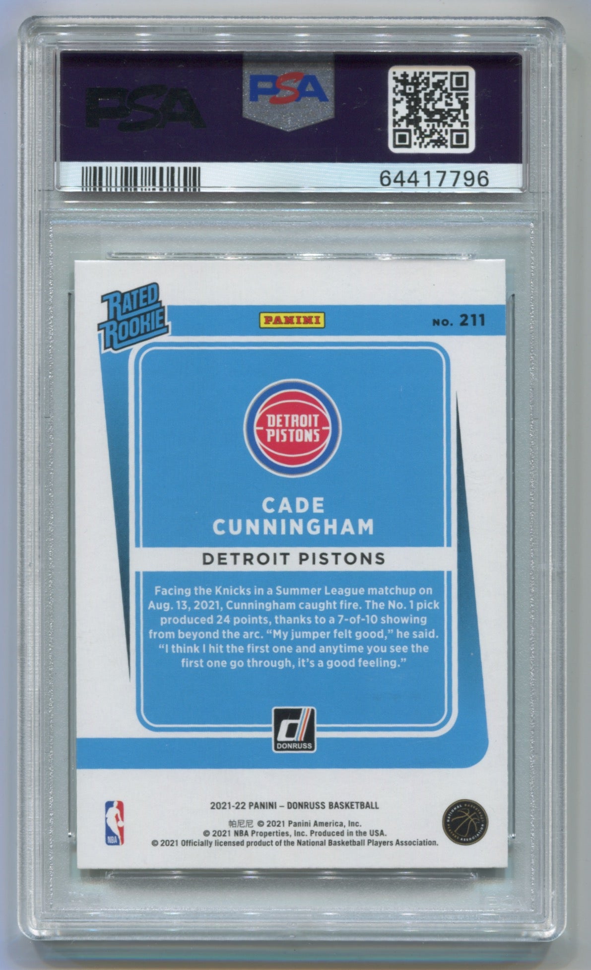 2021-22 Donruss Green/Yellow Laser Holo #211 Cade Cunningham PSA 10 (Rookie)