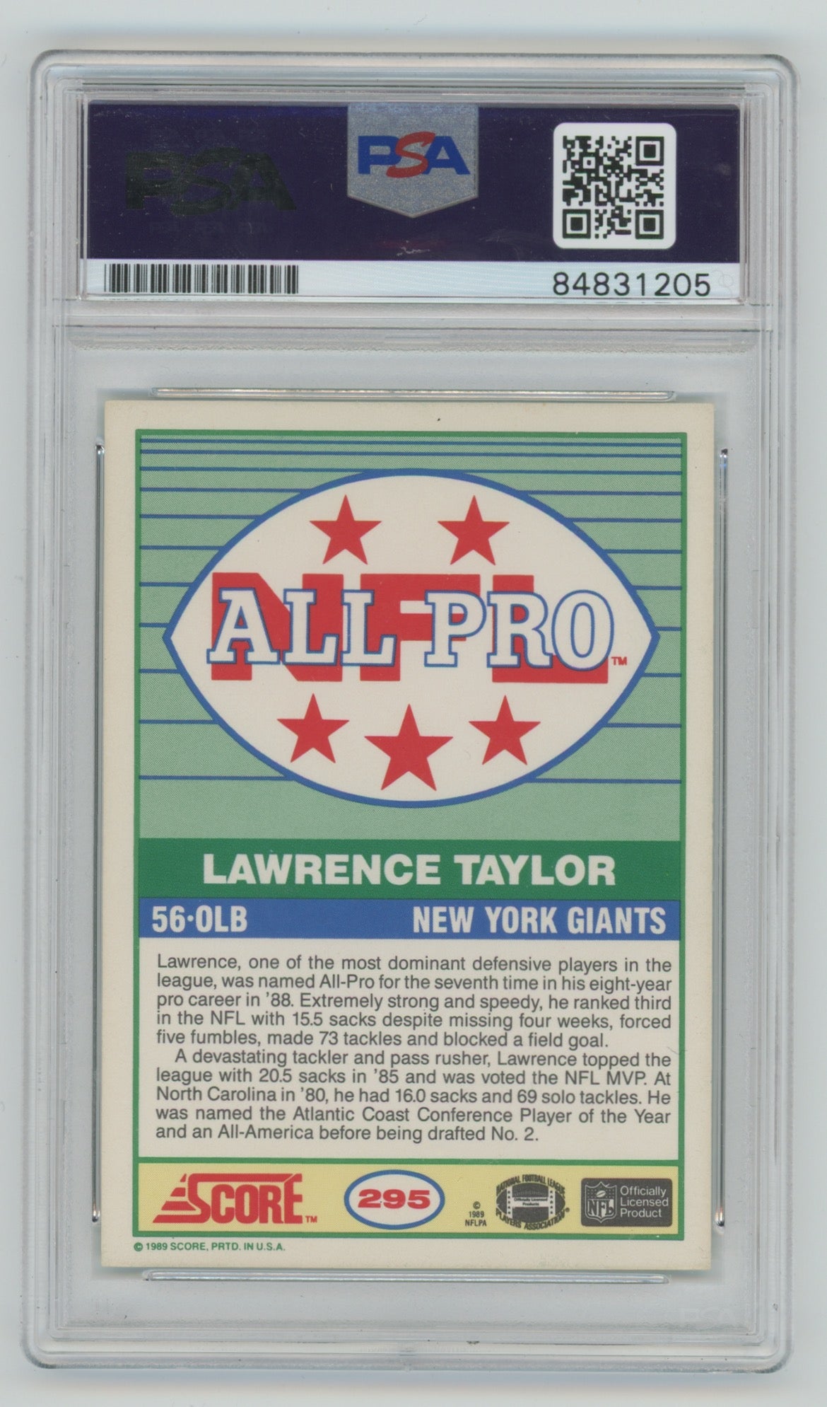 1989 Score Signed Trading Card #295 Lawrence Taylor PSA/DNA Authentic Auto