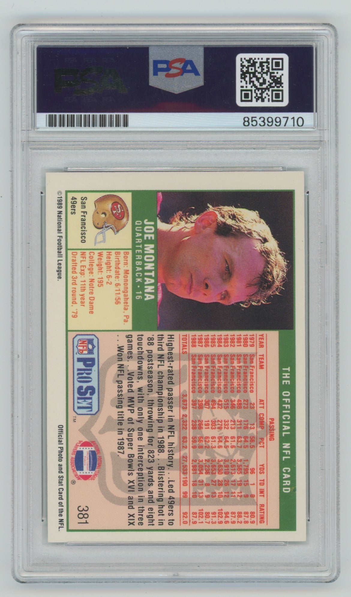 1989 Pro Set Signed Trading Card #381 Joe Montana PSA/DNA Authentic Auto