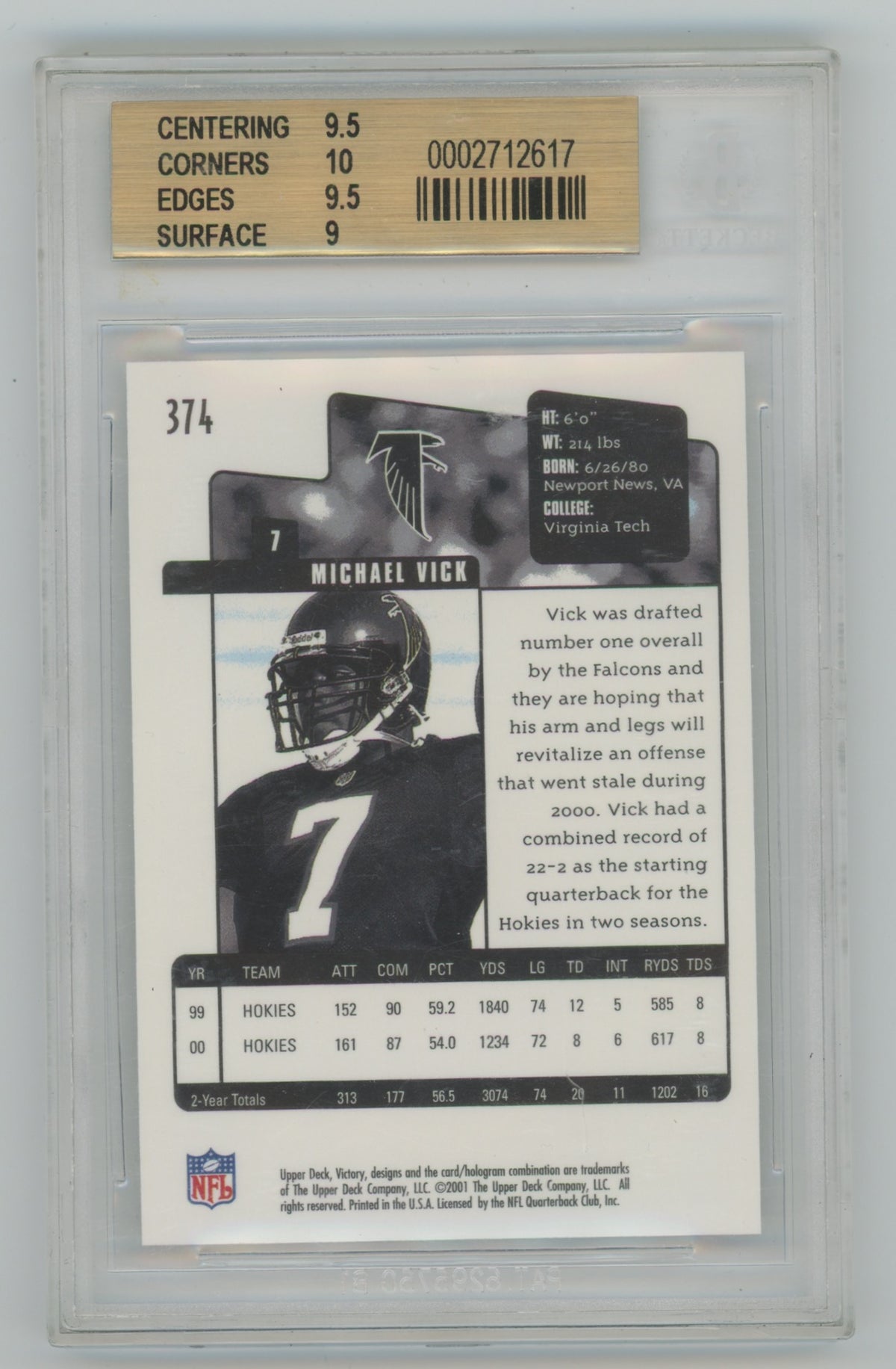 2001 Upper Deck Victory #374 Michael Vick BGS 9.5 (Rookie)