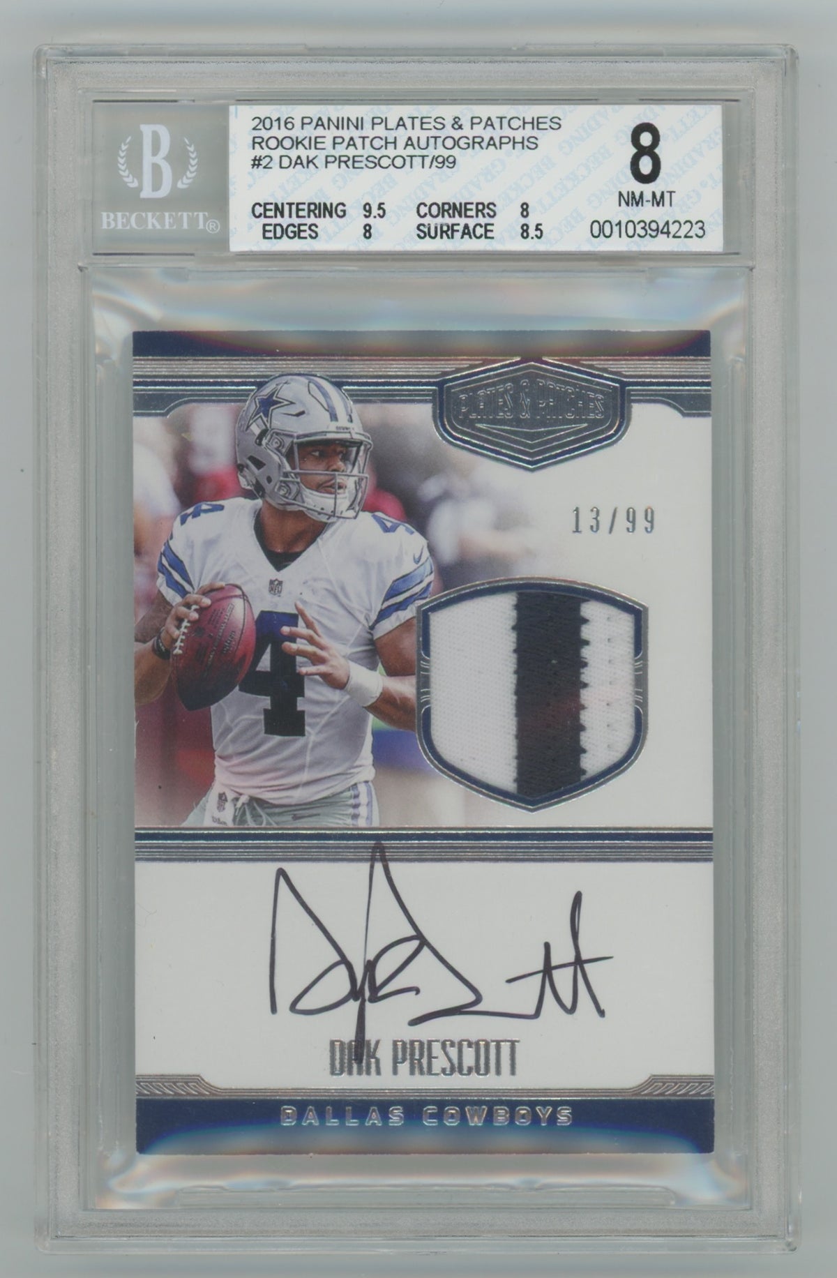 2016 Panini Plates & Patches Rookie Patch Autographs #2 Dak Prescott #13/99 BGS 8 (Auto 10) (Rookie)