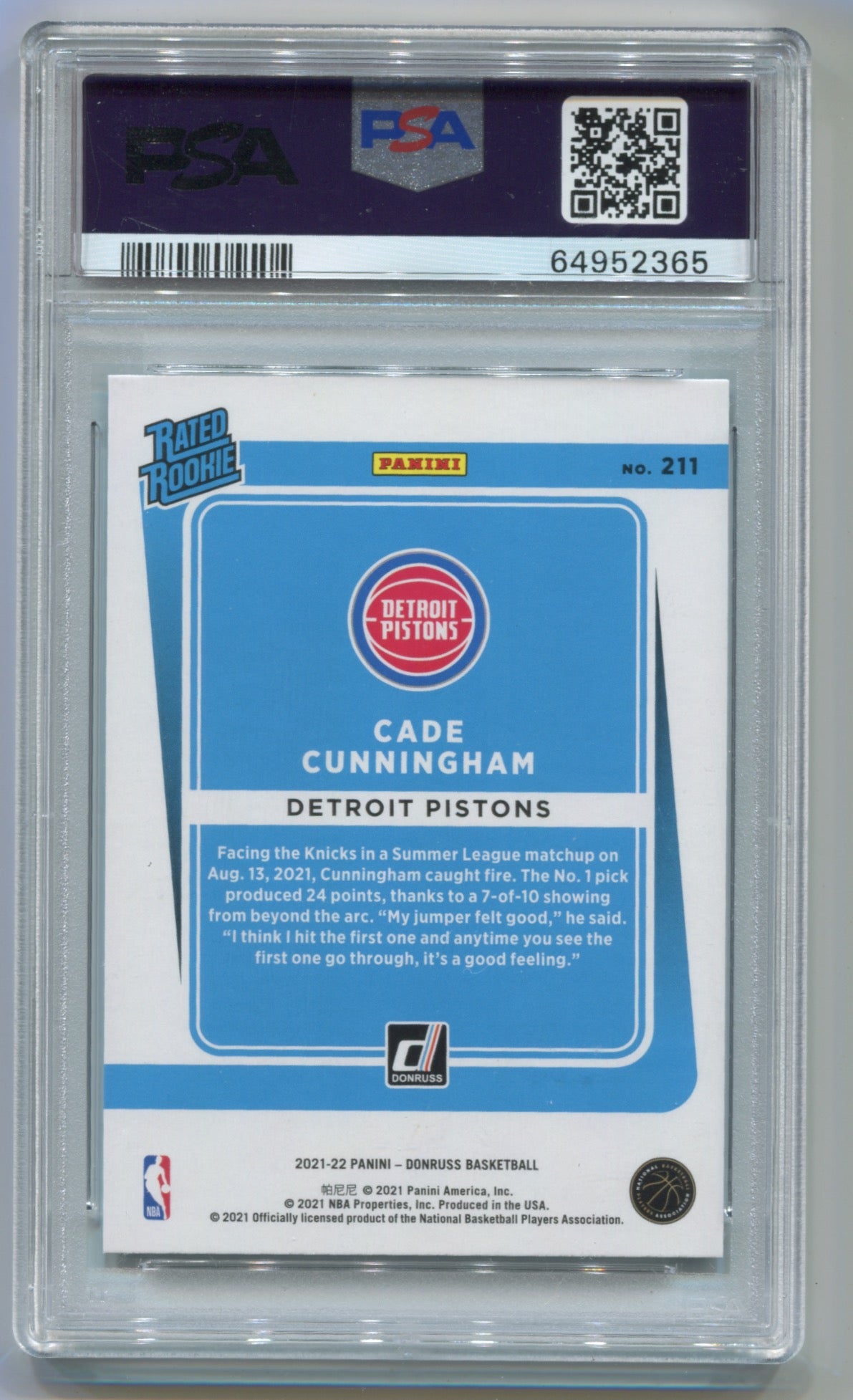 2021-22 Donruss Teal Laser Holo #211 Cade Cunningham PSA 10 (Rookie)