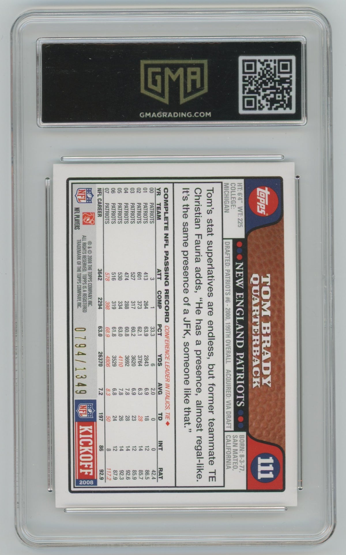 2008 Topps Kickoff Silver Holofoil #111 Tom Brady #0794/1349 GMA 7.5