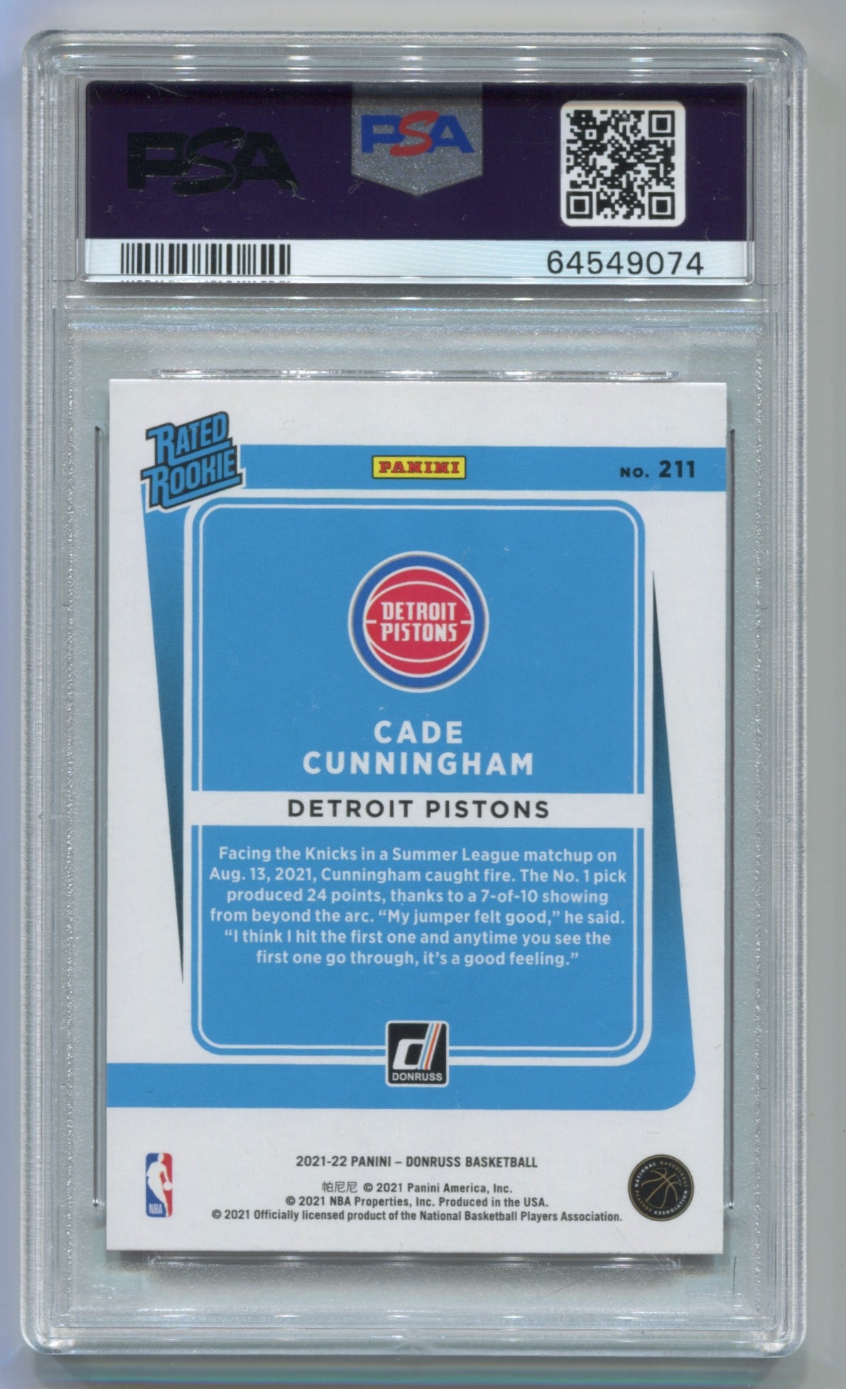 2021-22 Donruss Orange Laser Holo #211 Cade Cunningham PSA 10 (Rookie)