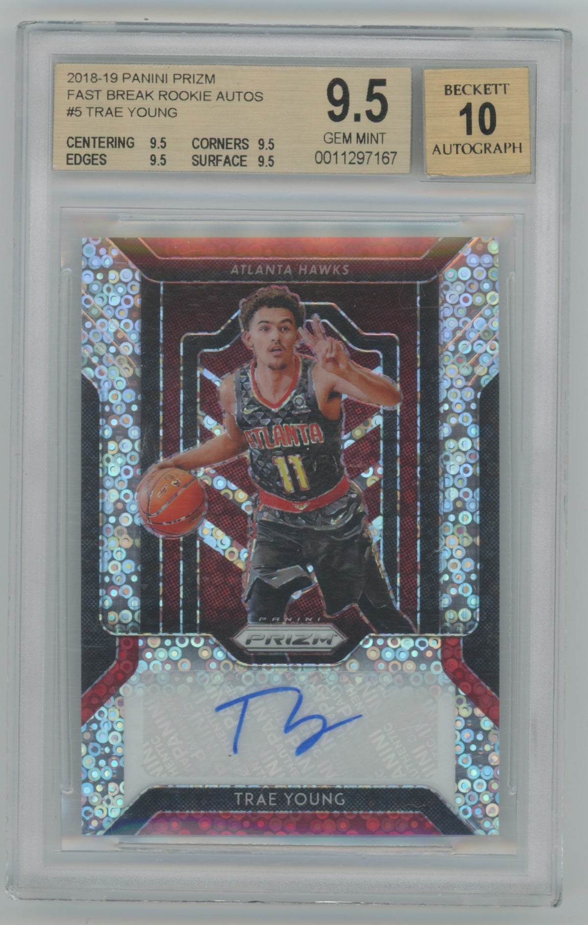 2018-19 Panini Prizm Fast Break Rookie Autographs #5 Trae Young BGS 9.5 (Auto 10) (Rookie)