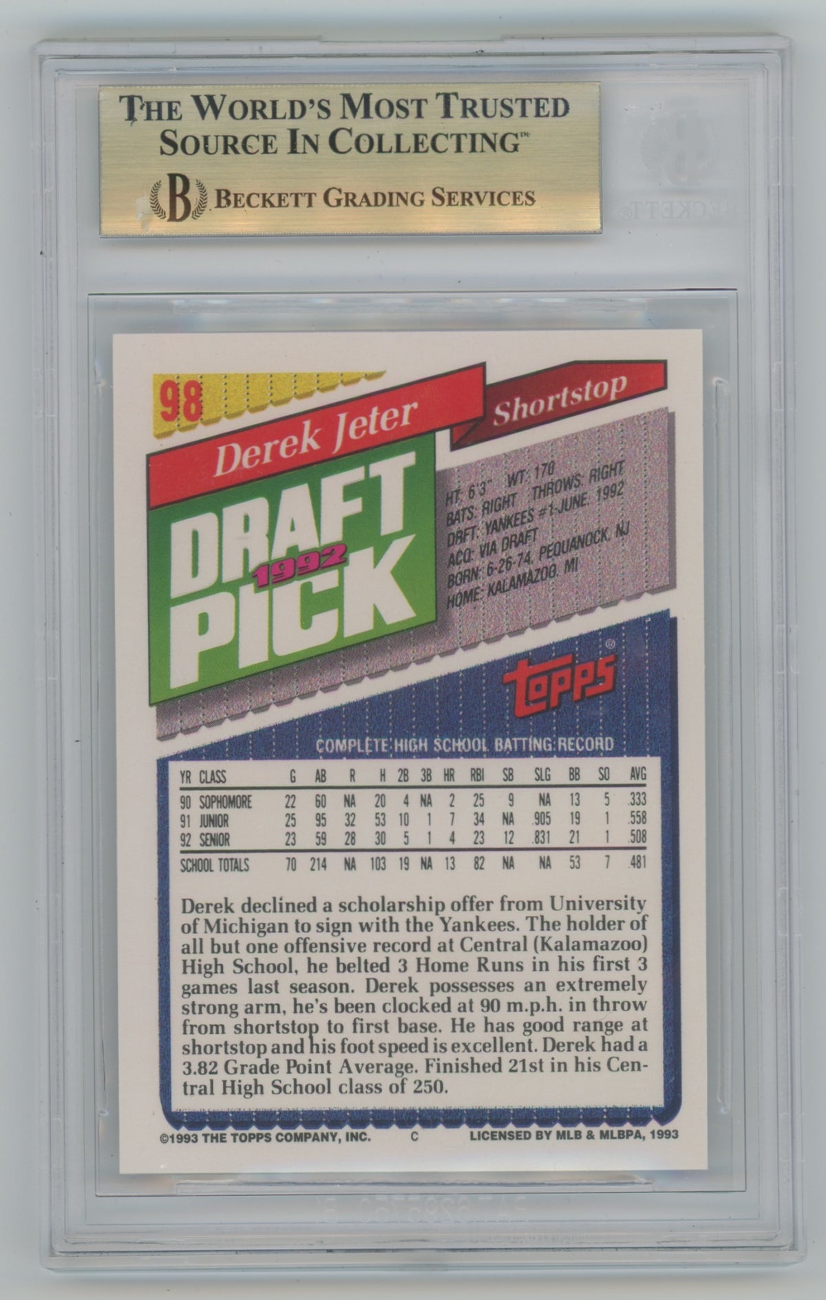 1993 Topps #98 Derek Jeter BGS 9.5 (Rookie)