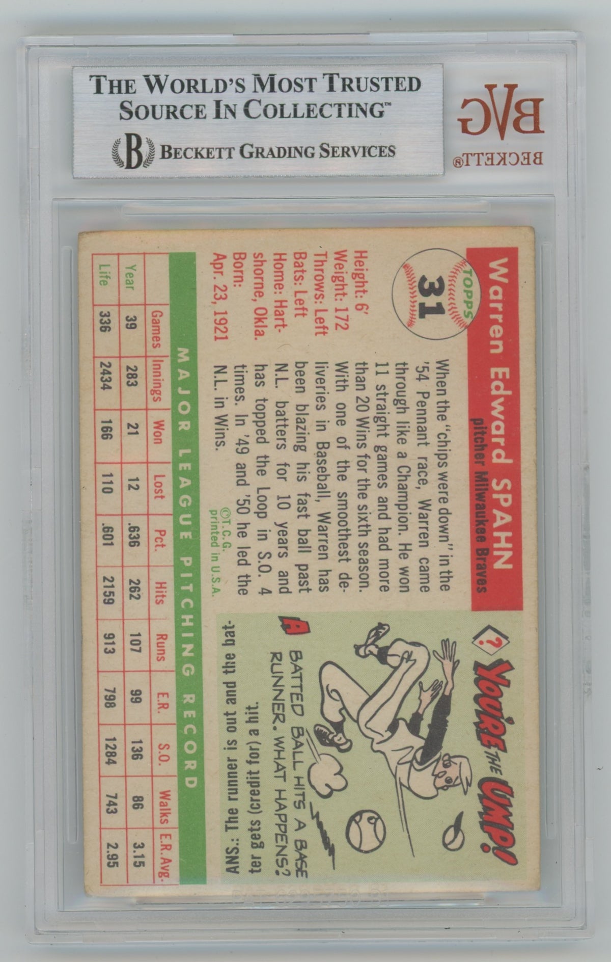 1955 Topps #31 Warren Spahn BGS 3.5