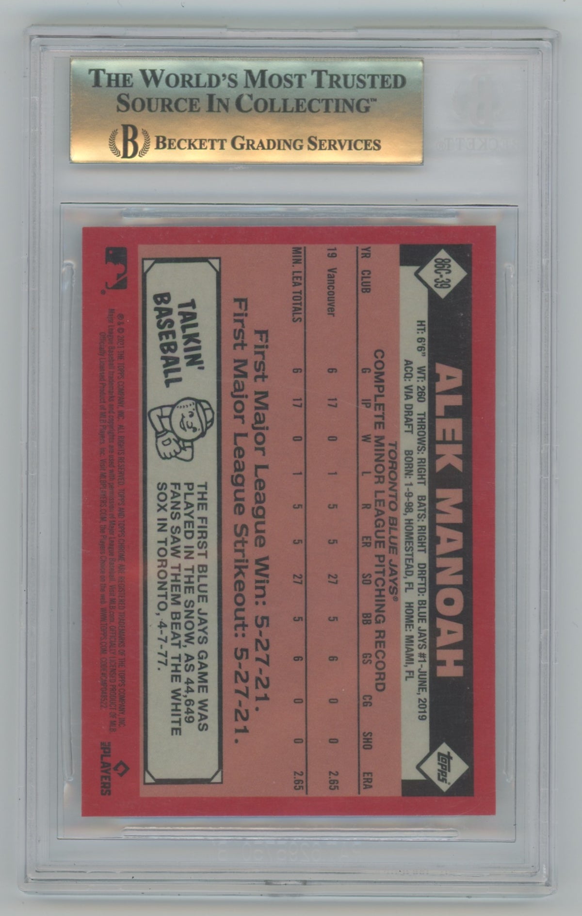 2021 Topps Update Silver Pack '86 Topps #86C39 Alek Manoah BGS 9.5 (Rookie)