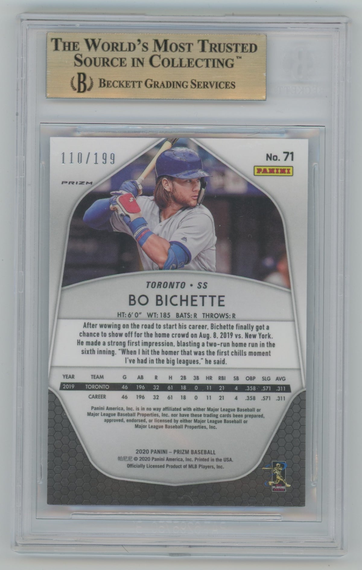 2020 Panini Prizm Blue Donut Circle Prizm #71 Bo Bichette #110/199 BGS 9.5 (Rookie)