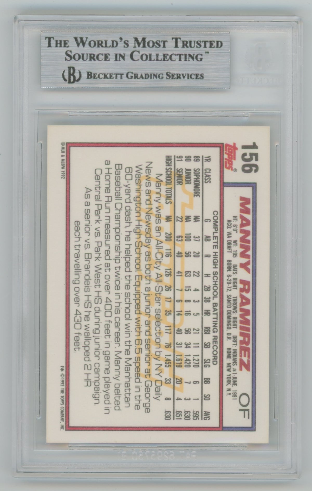 1992 Topps Gold Winners #156 Manny Ramirez BGS 8.5 (Rookie)