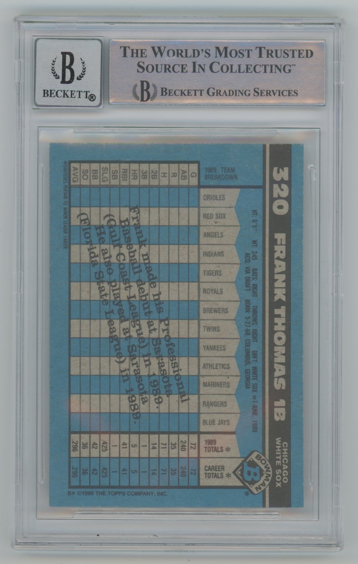 1990 Bowman Signed Trading Card #320 Frank Thomas BAS Auto Grade 10 (Rookie)