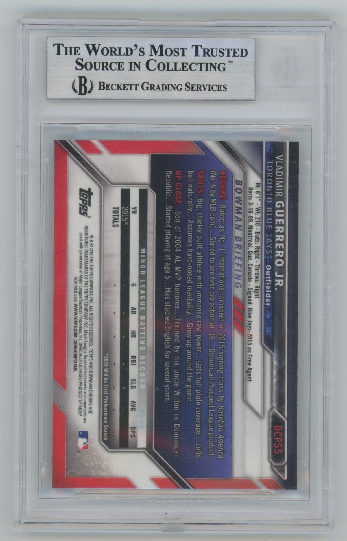 2016 Bowman Chrome Prospects Signed Trading Card #BCP55 Vladimir Guerrero Jr. BAS Auto Authentic