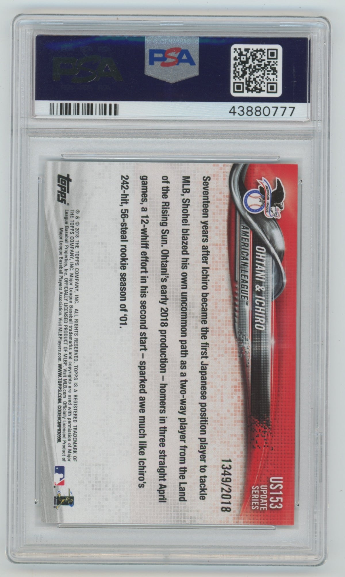 2018 Topps Update Gold #US153 Shohei Ohtani/Ichiro Suzuki #1349/2018 PSA 9 (Rookie)