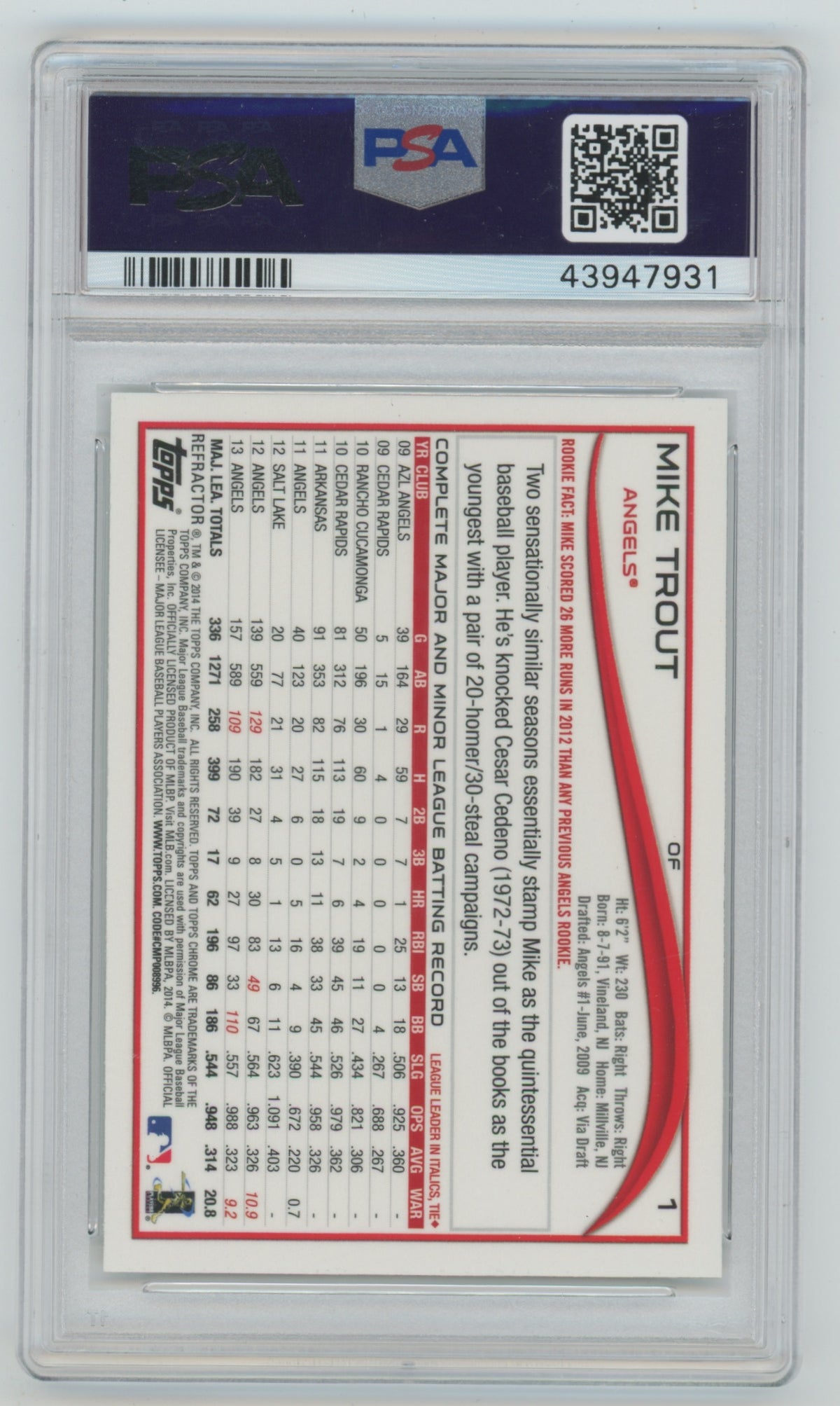 2014 Topps Chrome Refractor #1 Mike Trout - Sliding PSA 9