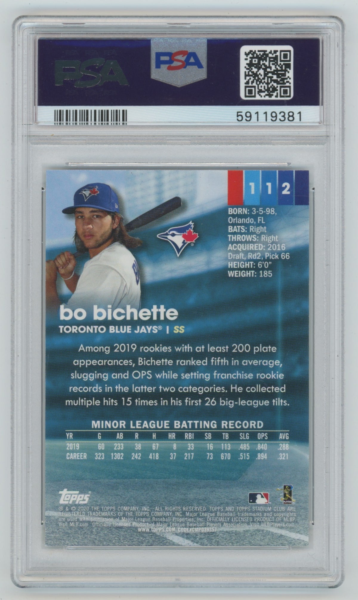 2020 Topps Stadium Club #112 Bo Bichette PSA 10 (Rookie)