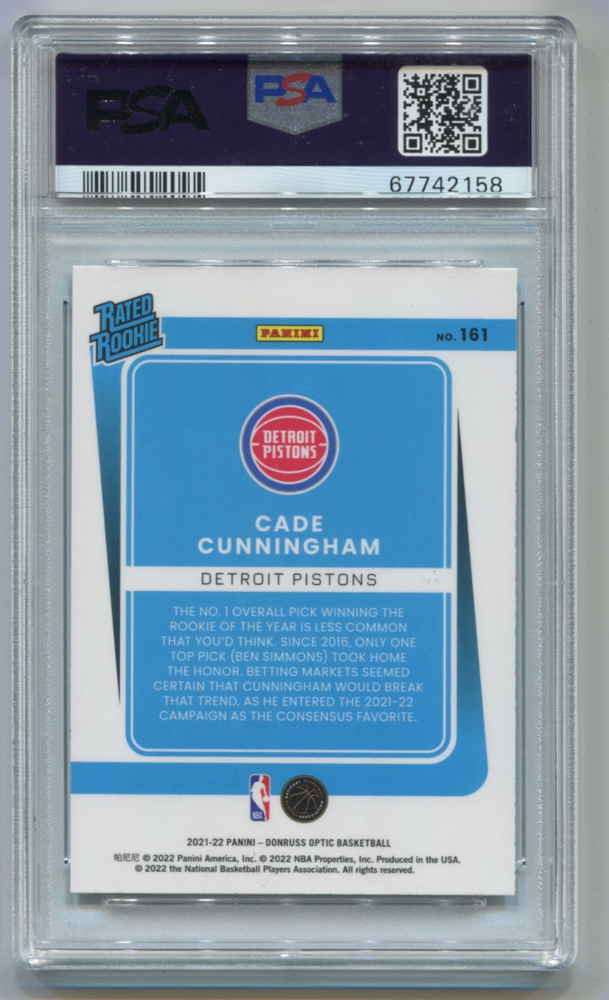 2021-22 Donruss Optic #161 Cade Cunningham PSA 10 (Rookie)