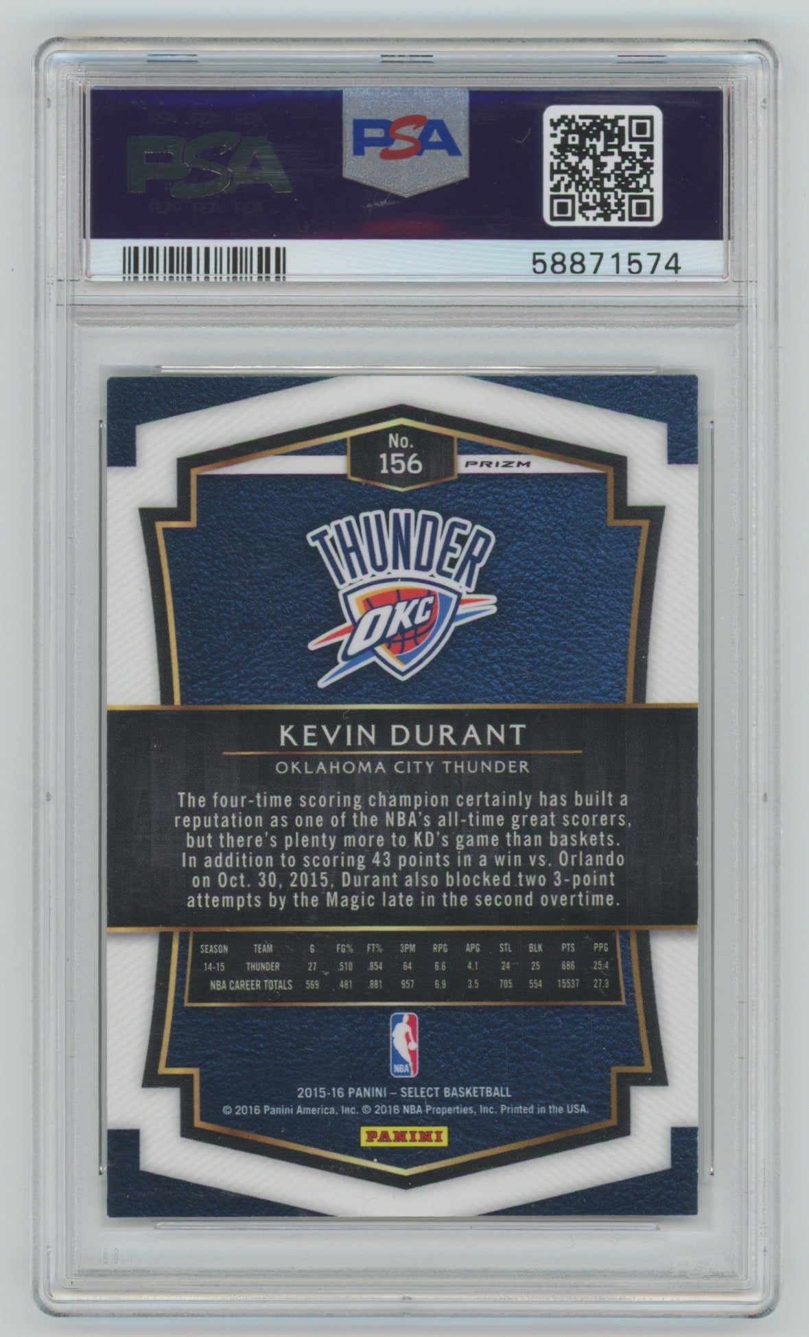 2015-16 Panini Select Silver Prizm #156 Kevin Durant PSA 9