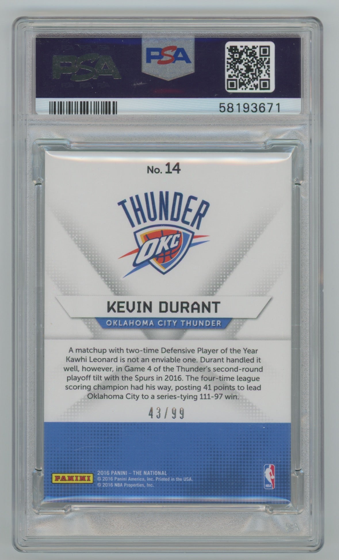 2016 Panini National Convention Hyper Plaid #14 Kevin Durant #43/99 PSA 9