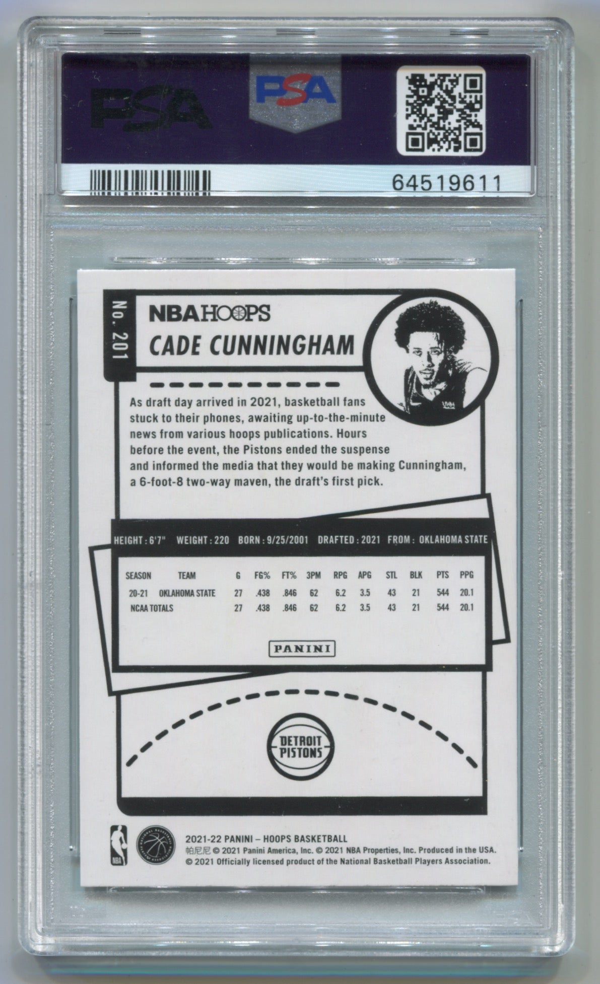 2021-22 NBA Hoops Green Ice #201 Cade Cunningham PSA 10 (Rookie)