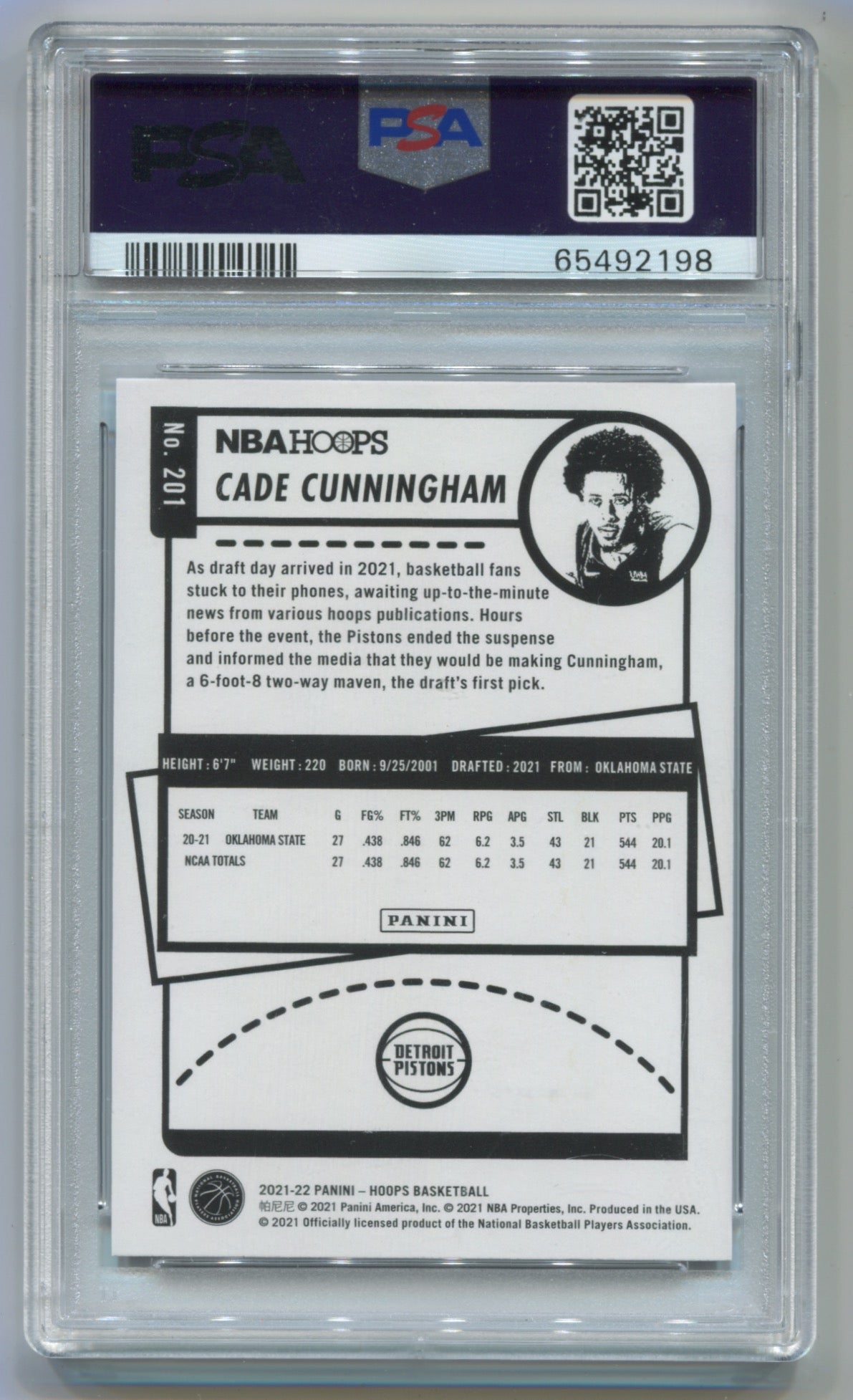 2021-22 NBA Hoops Purple #201 Cade Cunningham PSA 10 (Rookie)
