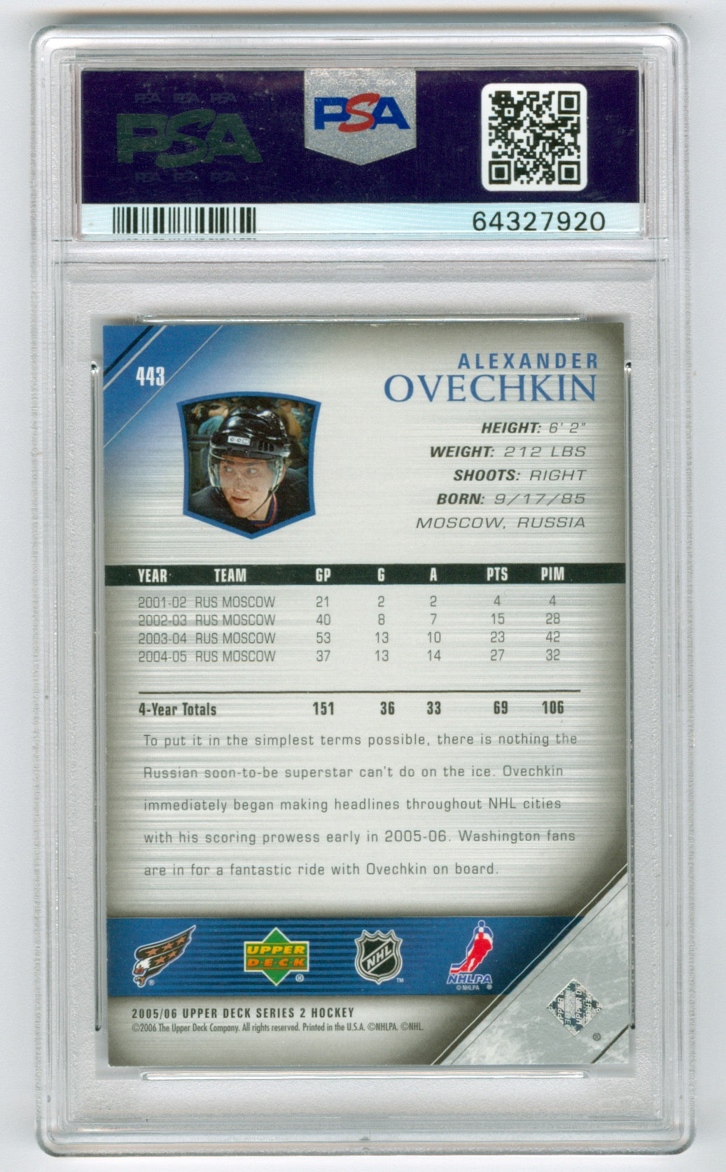 2005-06 Upper Deck #443 Alexander Ovechkin PSA 9 (Rookie)