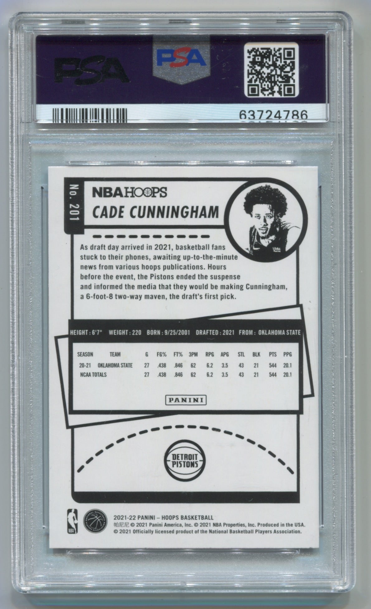 2021-22 NBA Hoops Purple In Person Auto #201 Cade Cunningham PSA Authentic (Auto Grade 10) (Rookie)