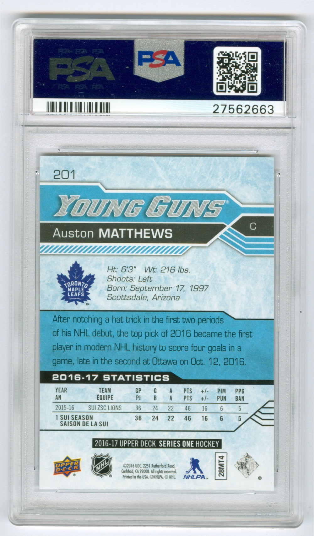2016-17 Upper Deck #201 Auston Matthews PSA 10 (Rookie)