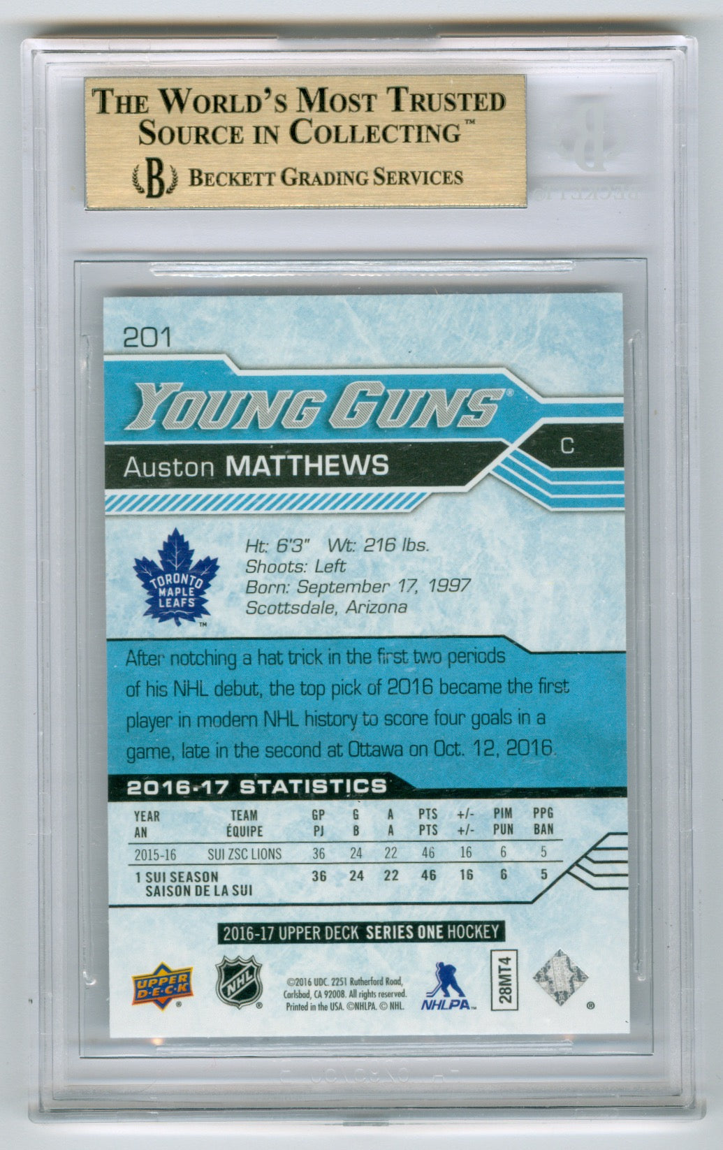 2016-17 Upper Deck #201 Auston Matthews BGS 10 (Rookie)
