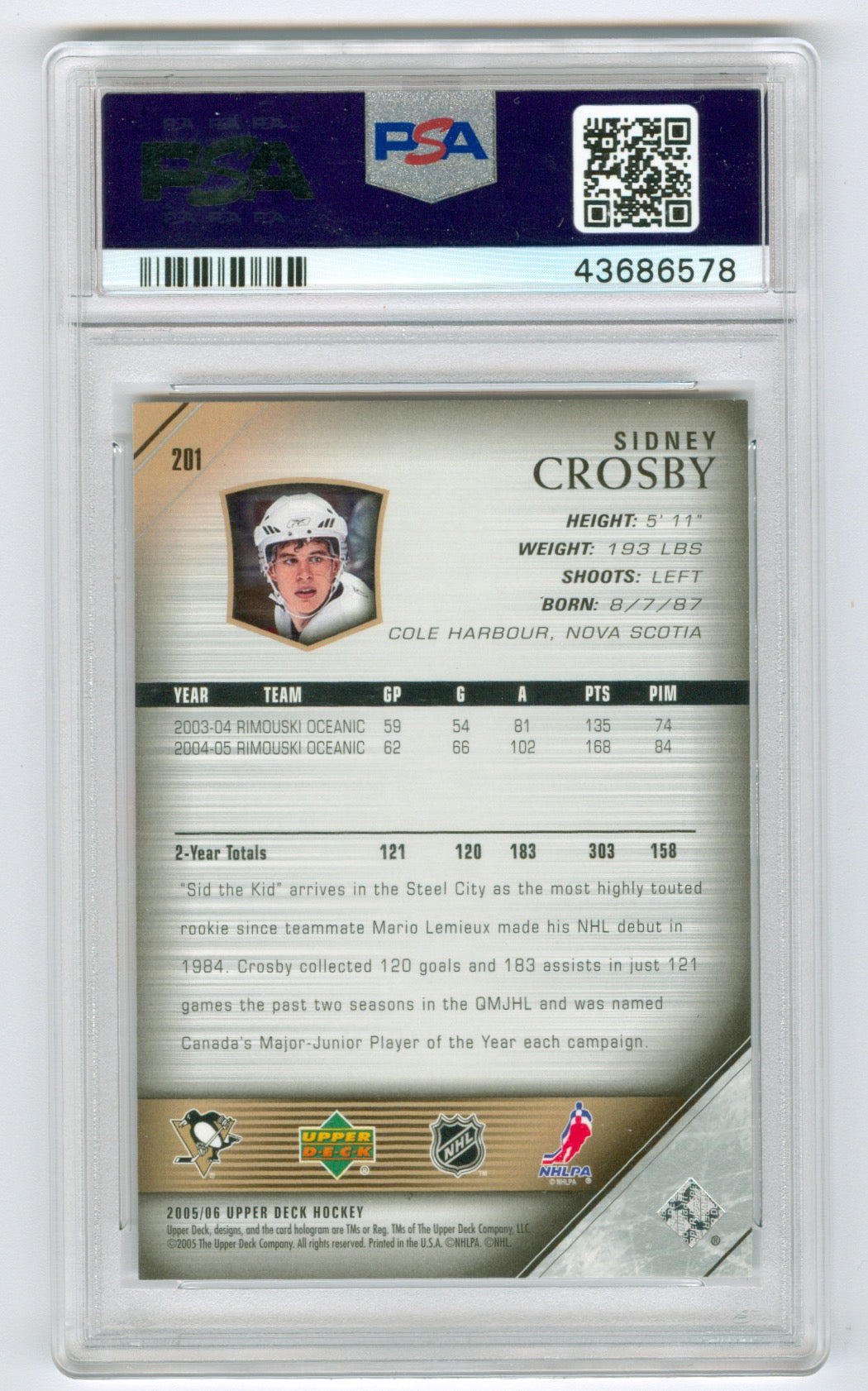 2005-06 Upper Deck #201 Sidney Crosby PSA 10 (Rookie)