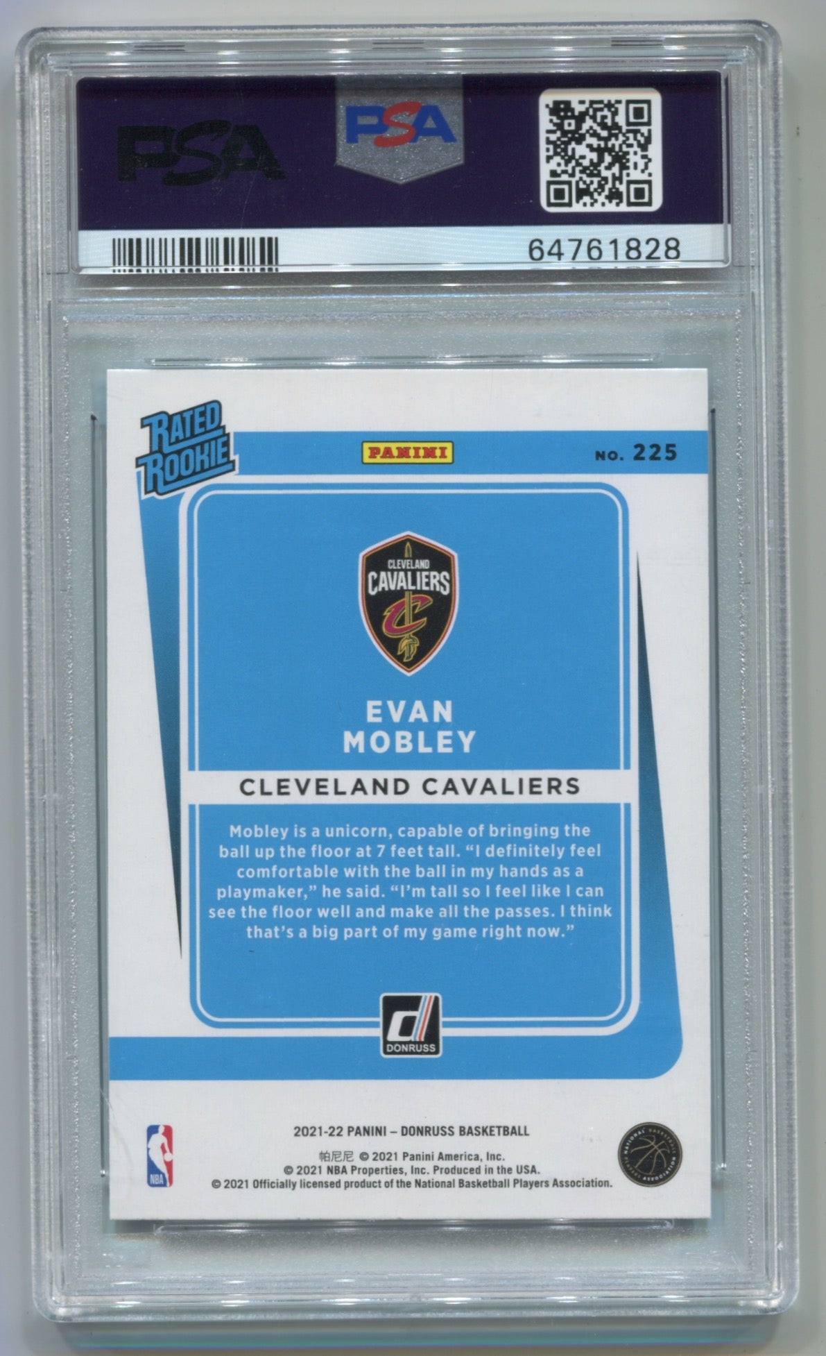 2021-22 Donruss Teal Laser Holo #225 Evan Mobley PSA 10 (Rookie)