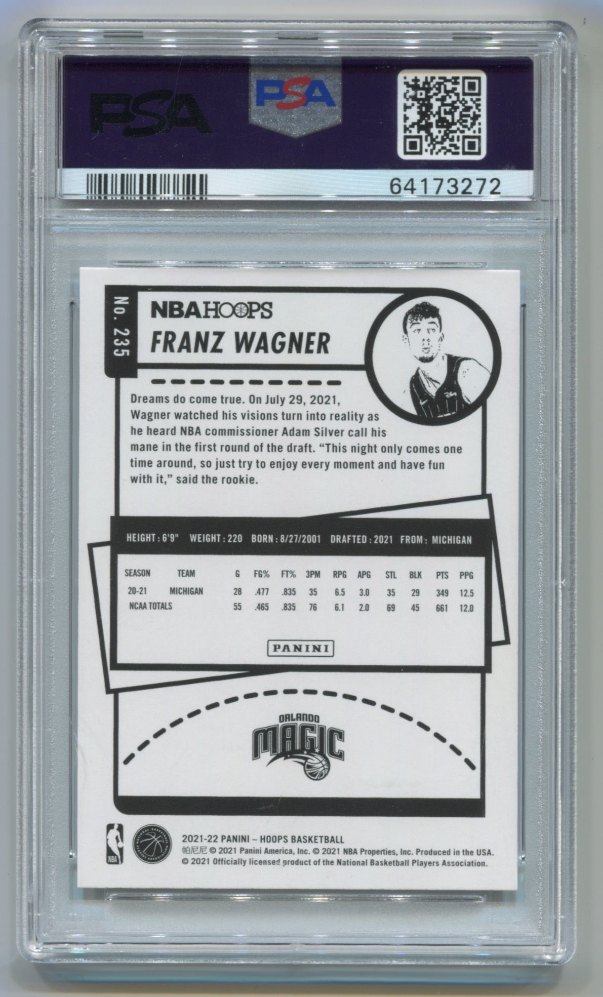 2021-22 NBA Hoops Winter #235 Franz Wagner PSA 10 (Rookie)