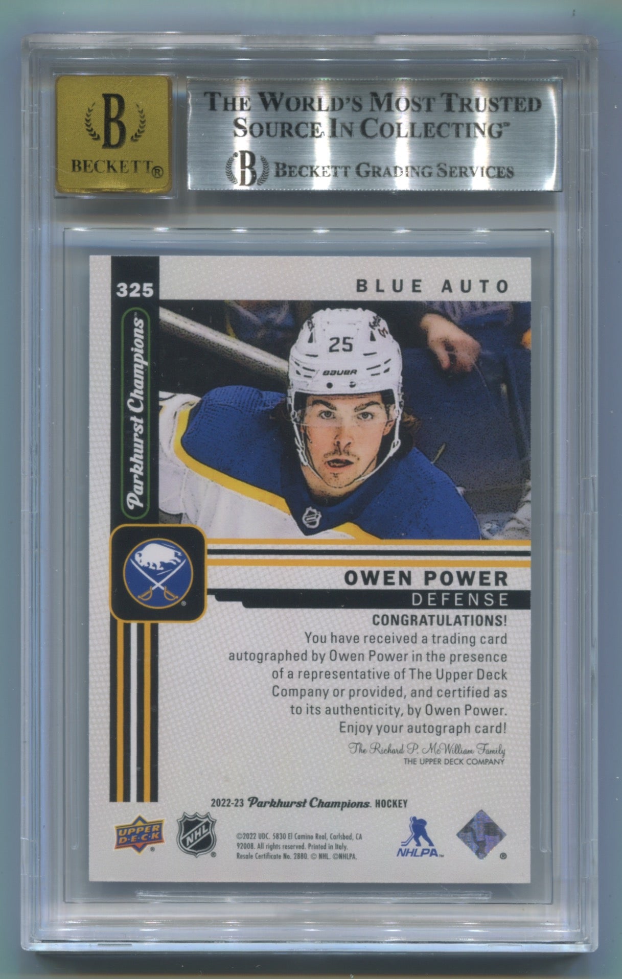2022-23 Parkhurst Champions Blue Autographs #325 Owen Power #18/25 BGS 9 (Auto 10) (Rookie)