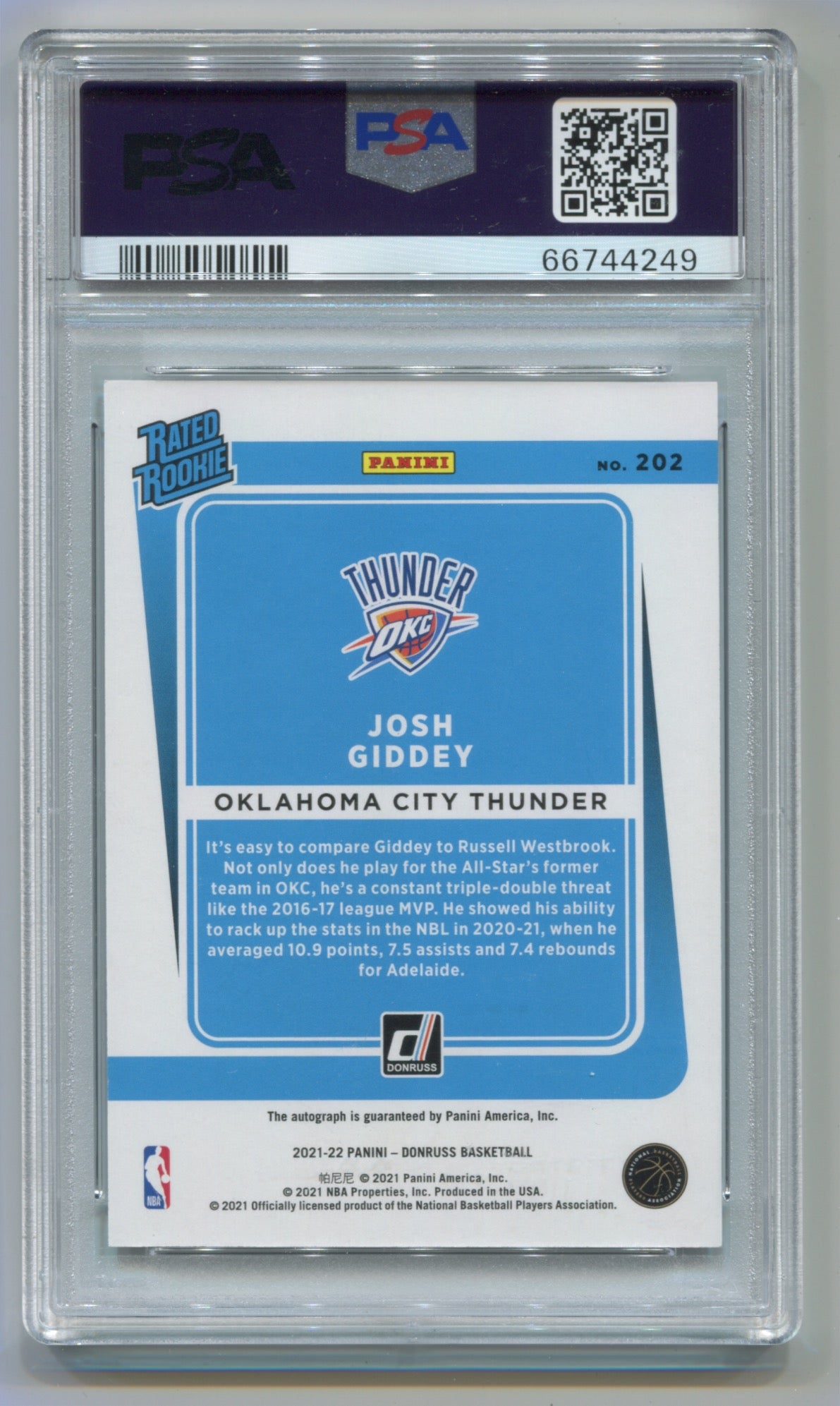 2021-22 Donruss Signature Choice #202 Josh Giddey PSA 10 (Rookie)