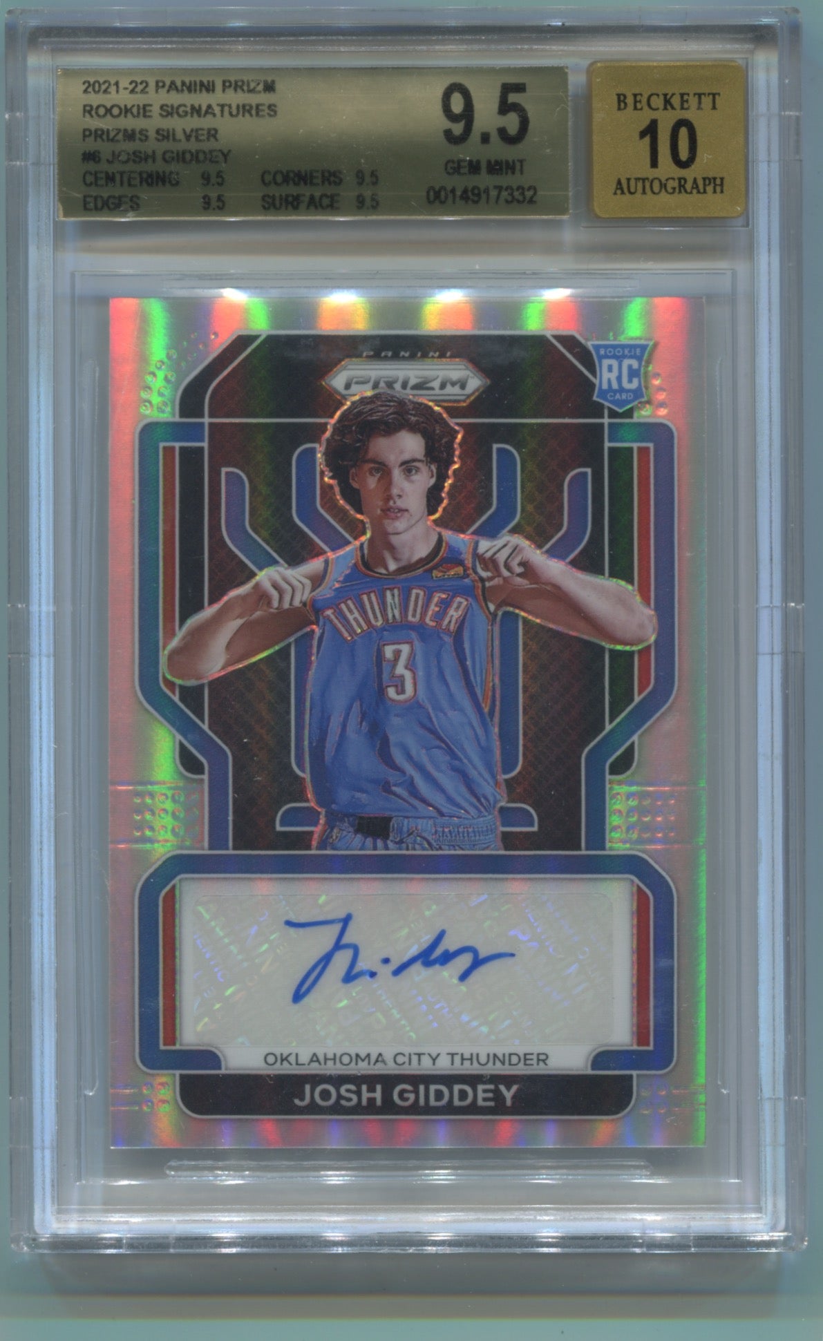 2021-22 Panini Prizm Rookie Signatures Silver Prizm #202 Josh Giddey BGS 9.5 (Auto 10) (Rookie)