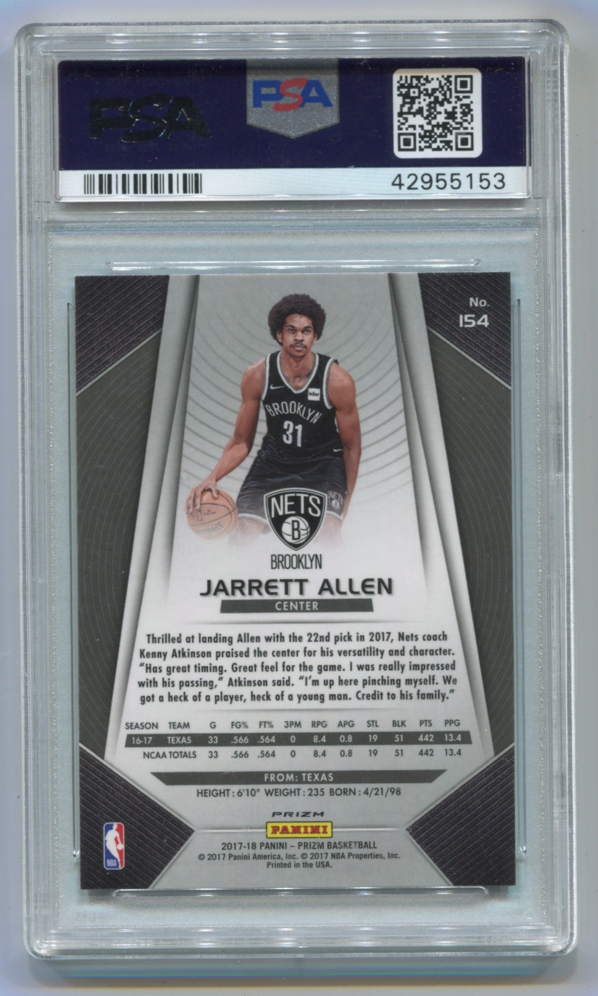 2017-18 Panini Prizm Silver Prizm #154 Jarrett Allen PSA 10 (Rookie)