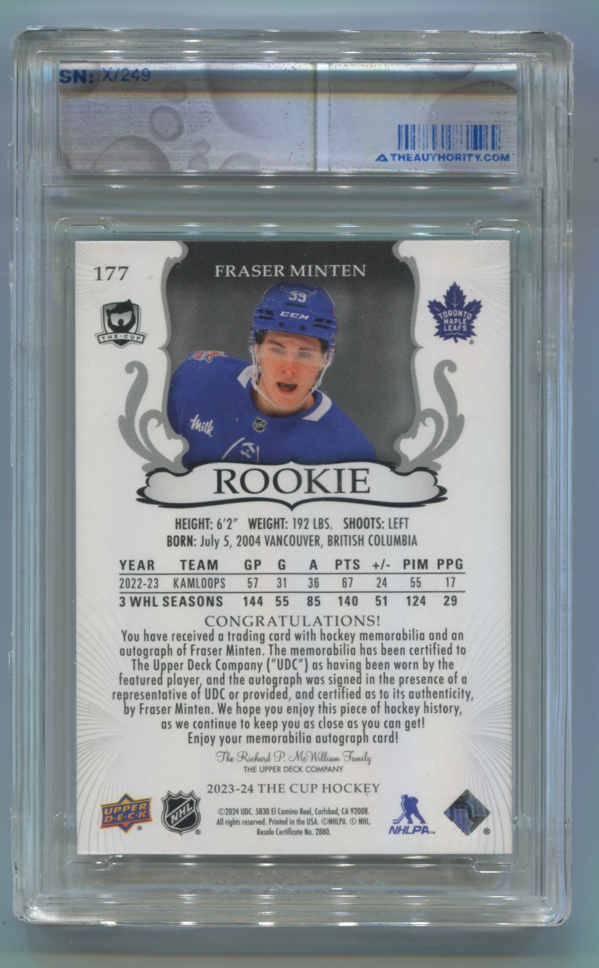 2023-24 Upper Deck The Cup #177 Fraser Minten #229/249 (Rookie)