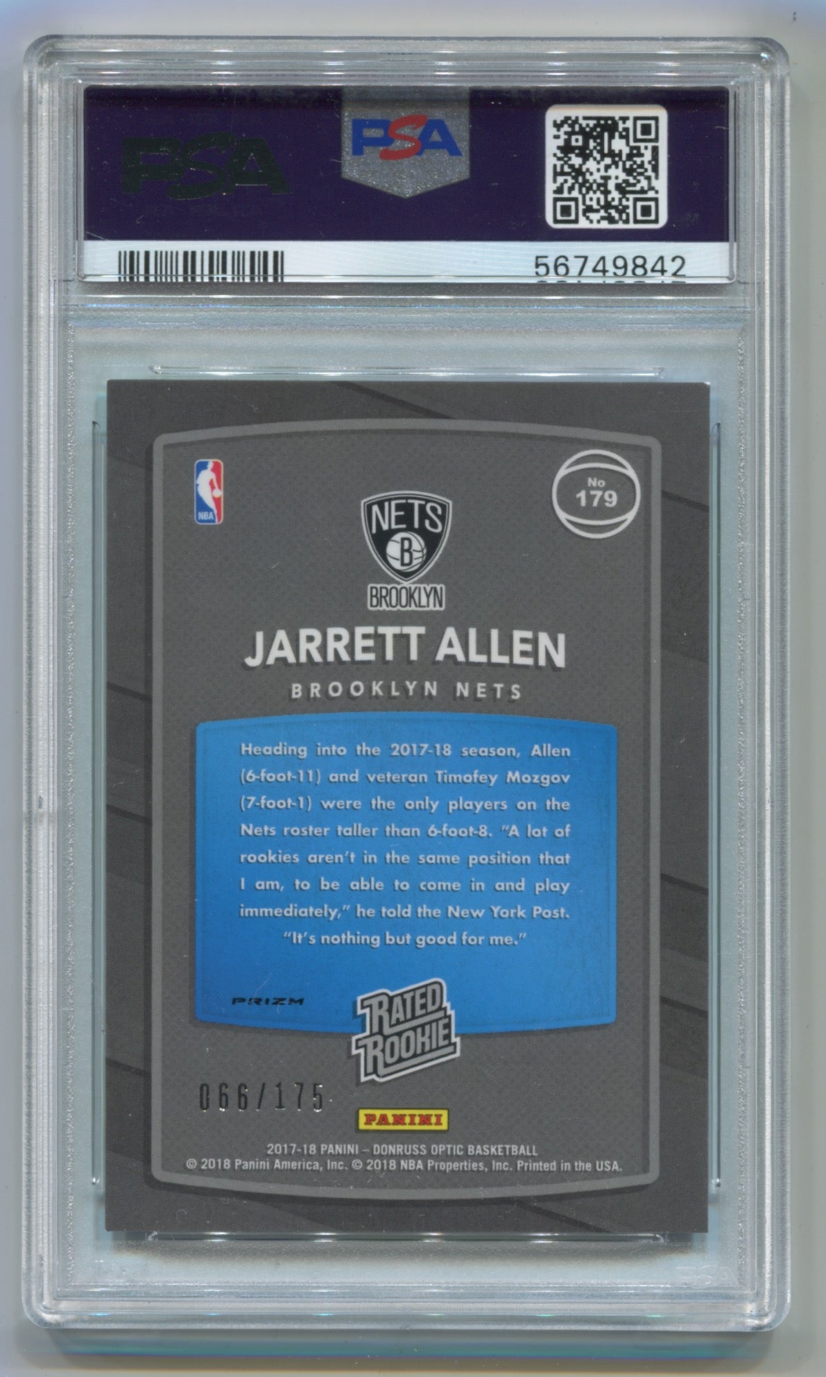 2017-18 Donruss Optic Lime Green #179 Jarrett Allen #066/175 PSA 10 (Rookie)