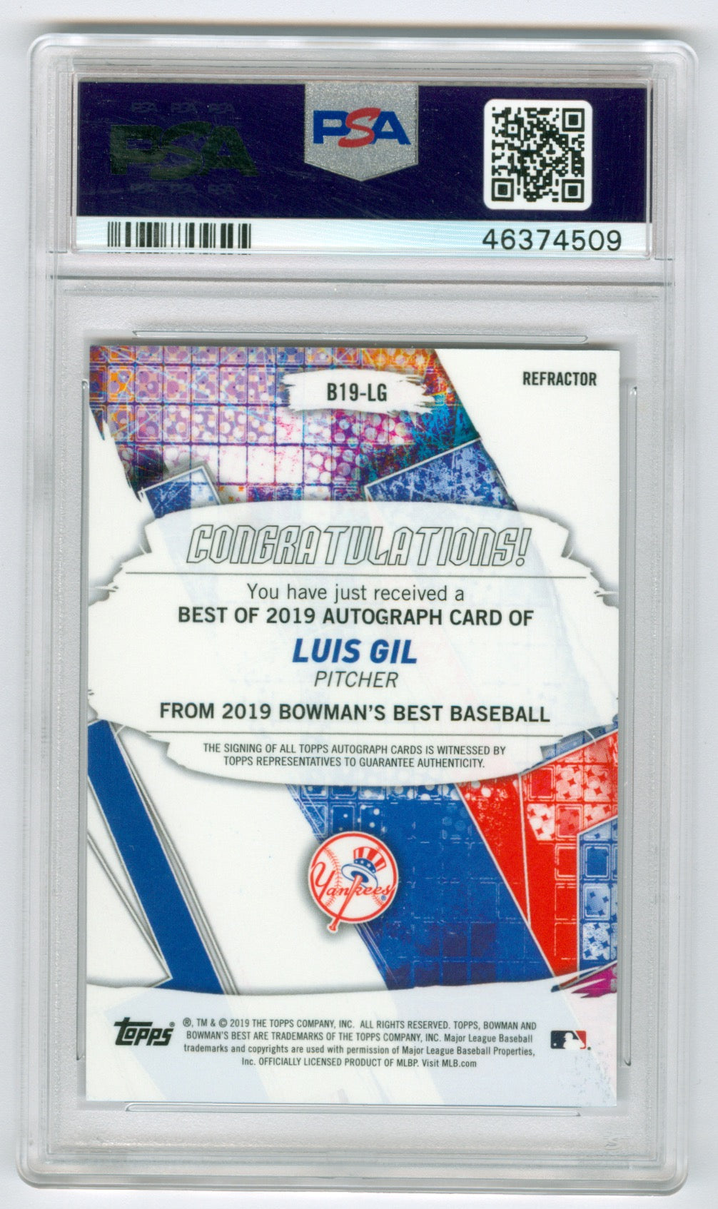 2019 Bowman's Best Best of 2019 Autographs Refractor #B19LG Luis Gil PSA 9