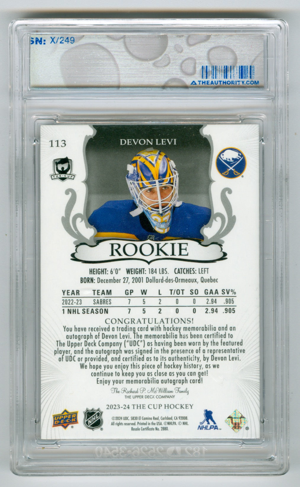 2023-24 Upper Deck The Cup #113 Devon Levi #234/249 (Rookie)