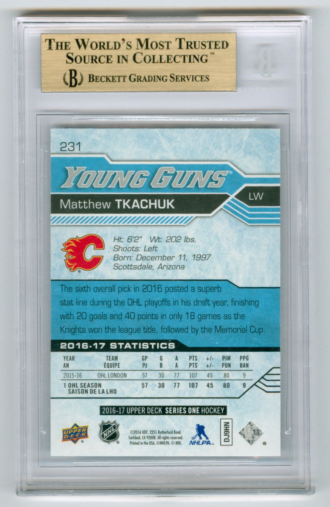 2016-17 Upper Deck #231 Matthew Tkachuk BGS 9.5 (Rookie) | Eastridge Sports Cards