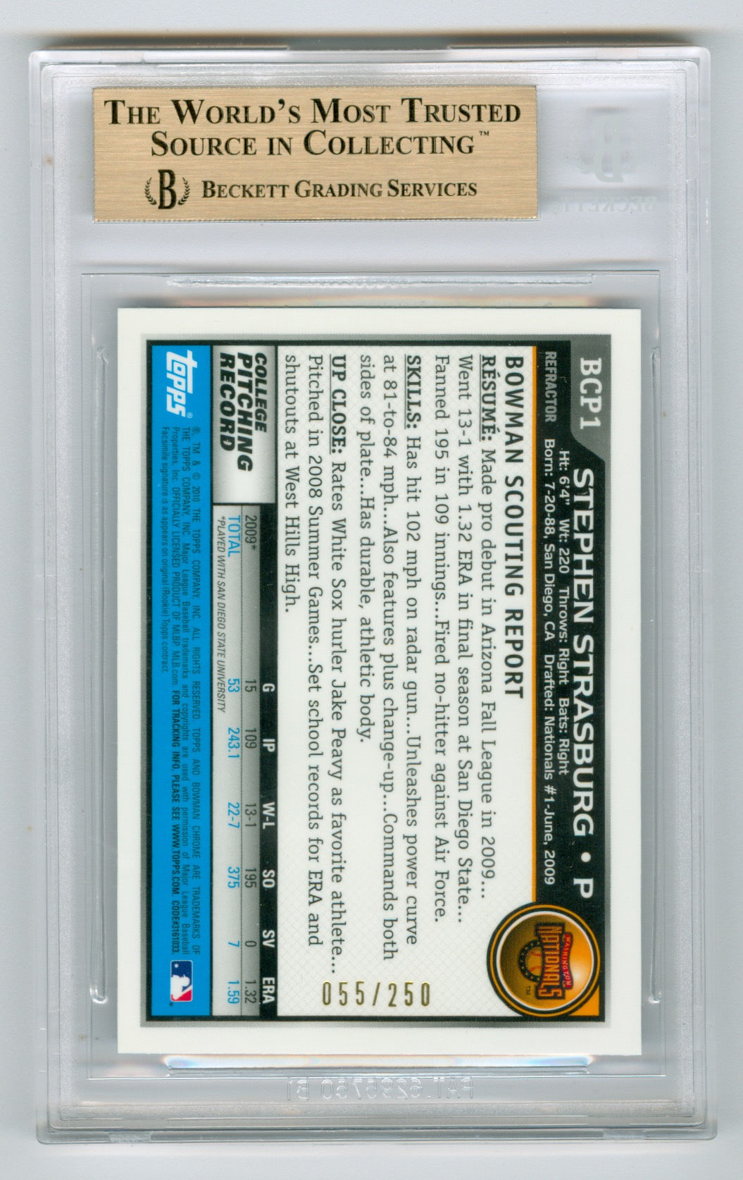 2010 Bowman Chrome Prospects Blue Refractor #BCP1 Stephen Strasburg #055/250 BGS 9.5