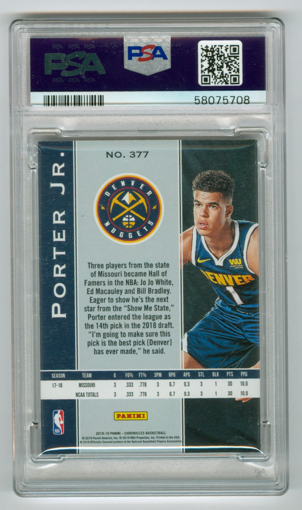 2018-19 Panini Chronicles Red #377 Michael Porter Jr./Plates and Patches #135/149 PSA 9 (Rookie) | Eastridge Sports Cards