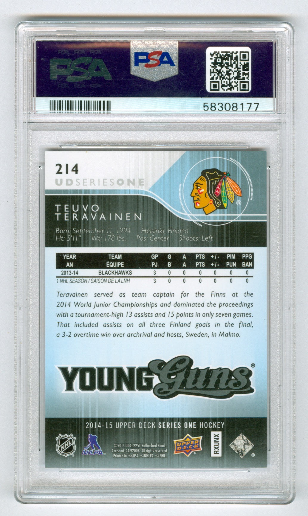 2014-15 Upper Deck #214 Teuvo Teravainen PSA 10 (Rookie) | Eastridge Sports Cards