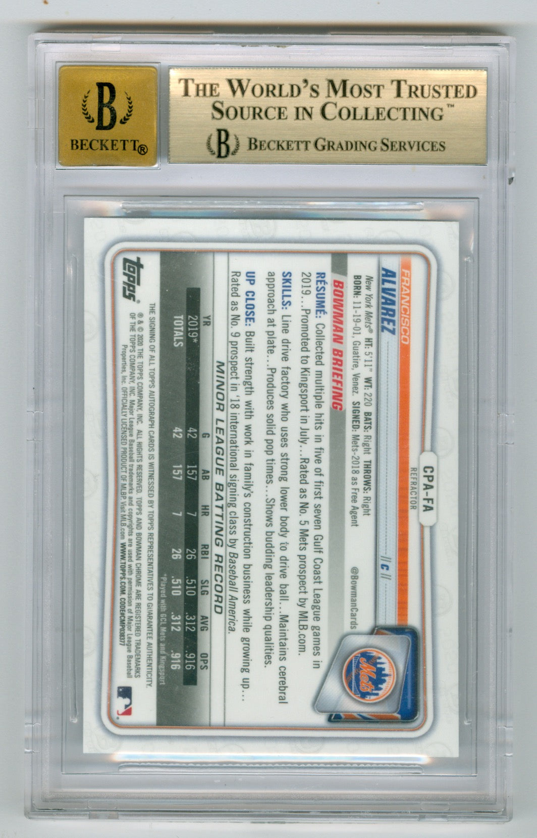 2020 Bowman Chrome Prospect Auto Refractor #CPAFA Francisco Alvarez #015/499 BGS 9.5 (Auto 10)