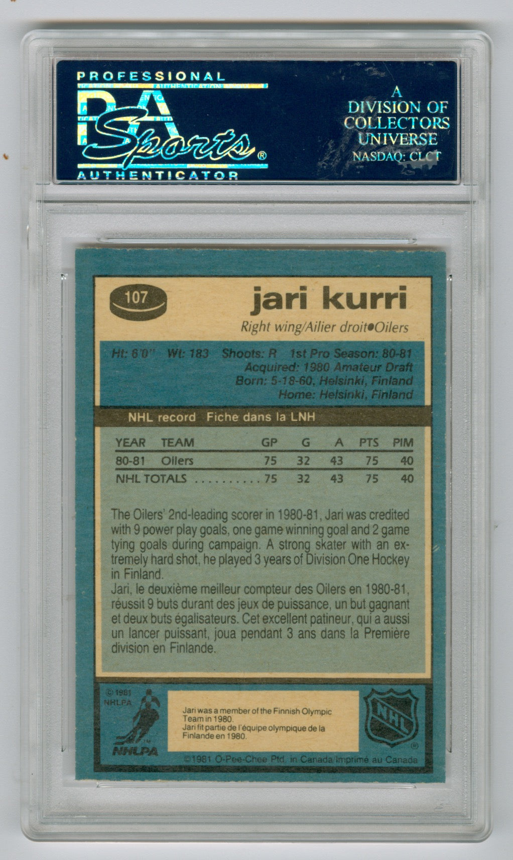 1981-82 O-Pee-Chee #107 Jari Kurri PSA 9(OC) (Rookie) | Eastridge Sports Cards