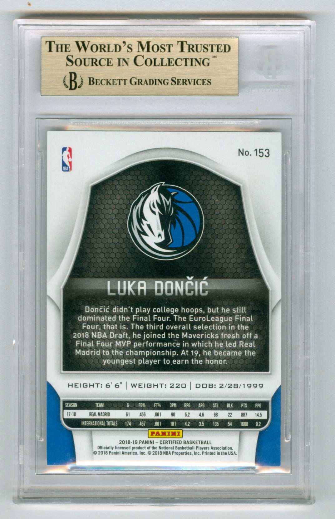 2018-19 Certified Mirror Red #153 Luka Doncic #275/299 BGS 9.5 (Rookie) | Eastridge Sports Cards