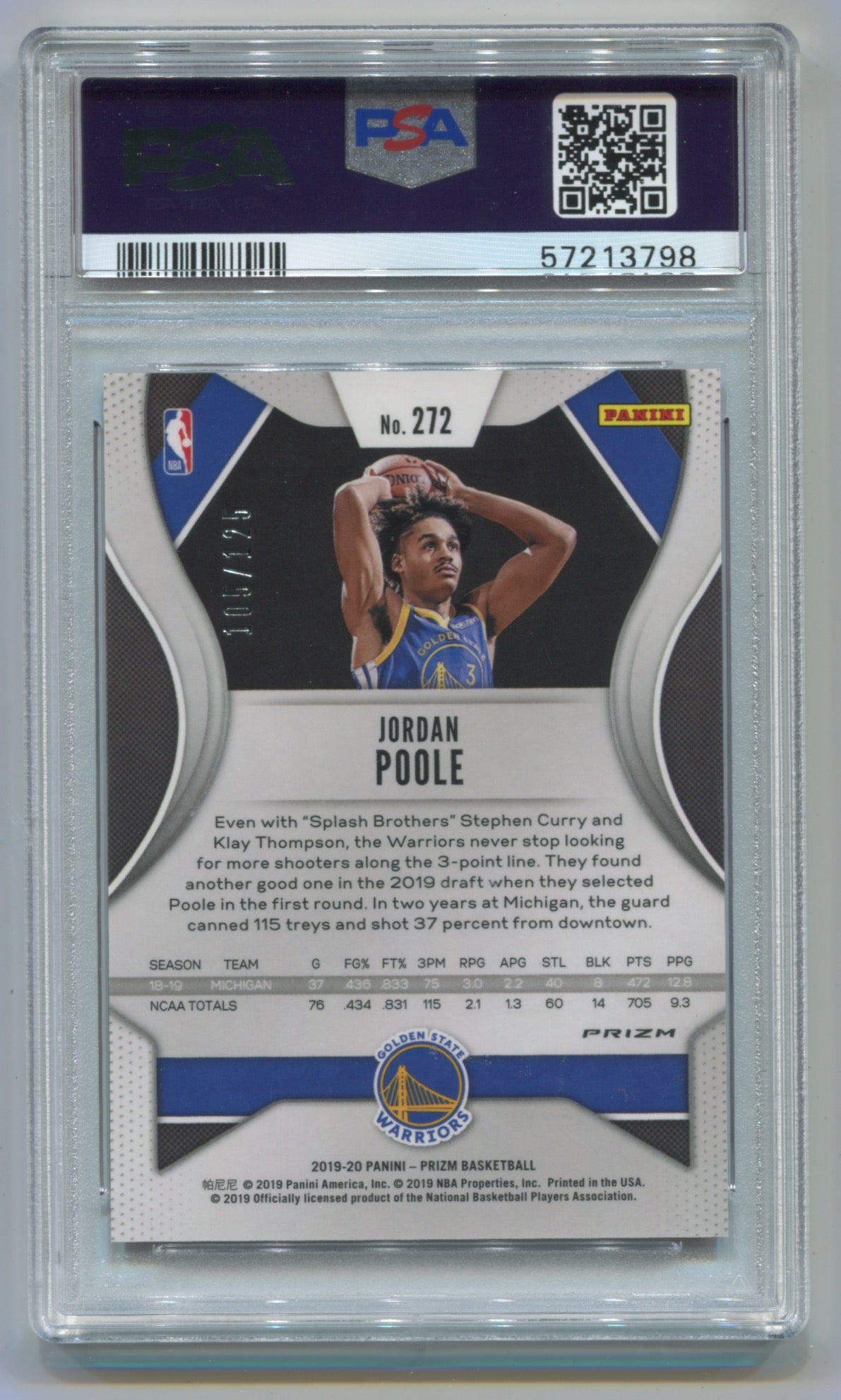 2019-20 Panini Prizm Fast Break Red Prizm #272 Jordan Poole #105/125 PSA 10 (Rookie)